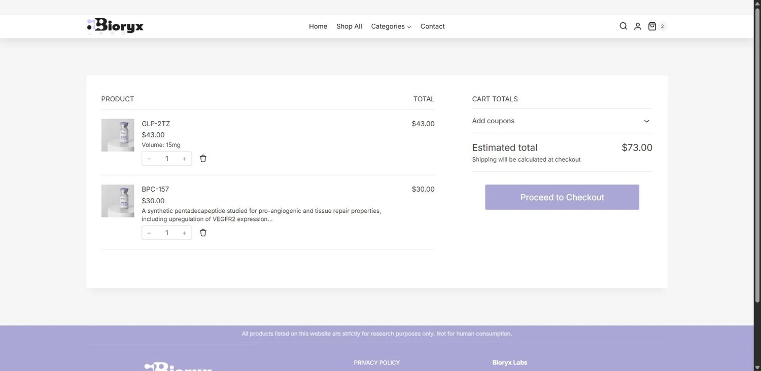 The cart. Real WooCommerce underneath the design — quantities, line totals, coupons, and shipping calculated at checkout.