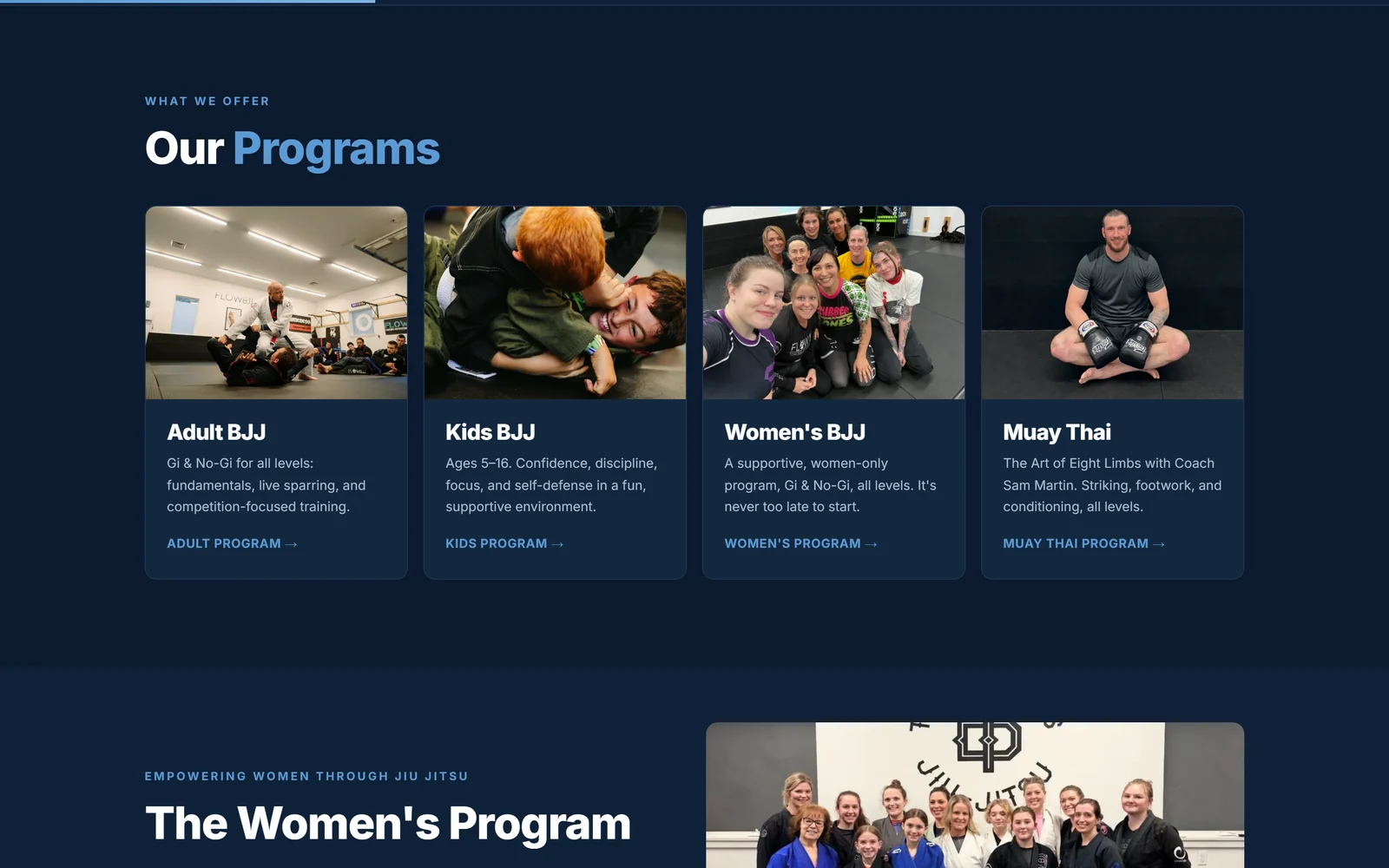 Credibility stated as numbers, then programs shown with photographs of the real room and real members.