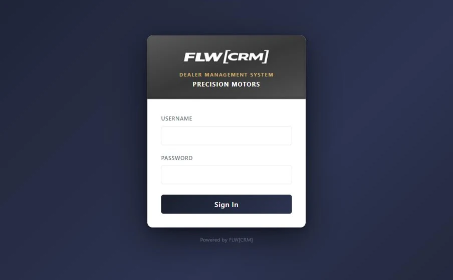 The sign-in screen, carrying the dealership's own name. One login covers the whole system.