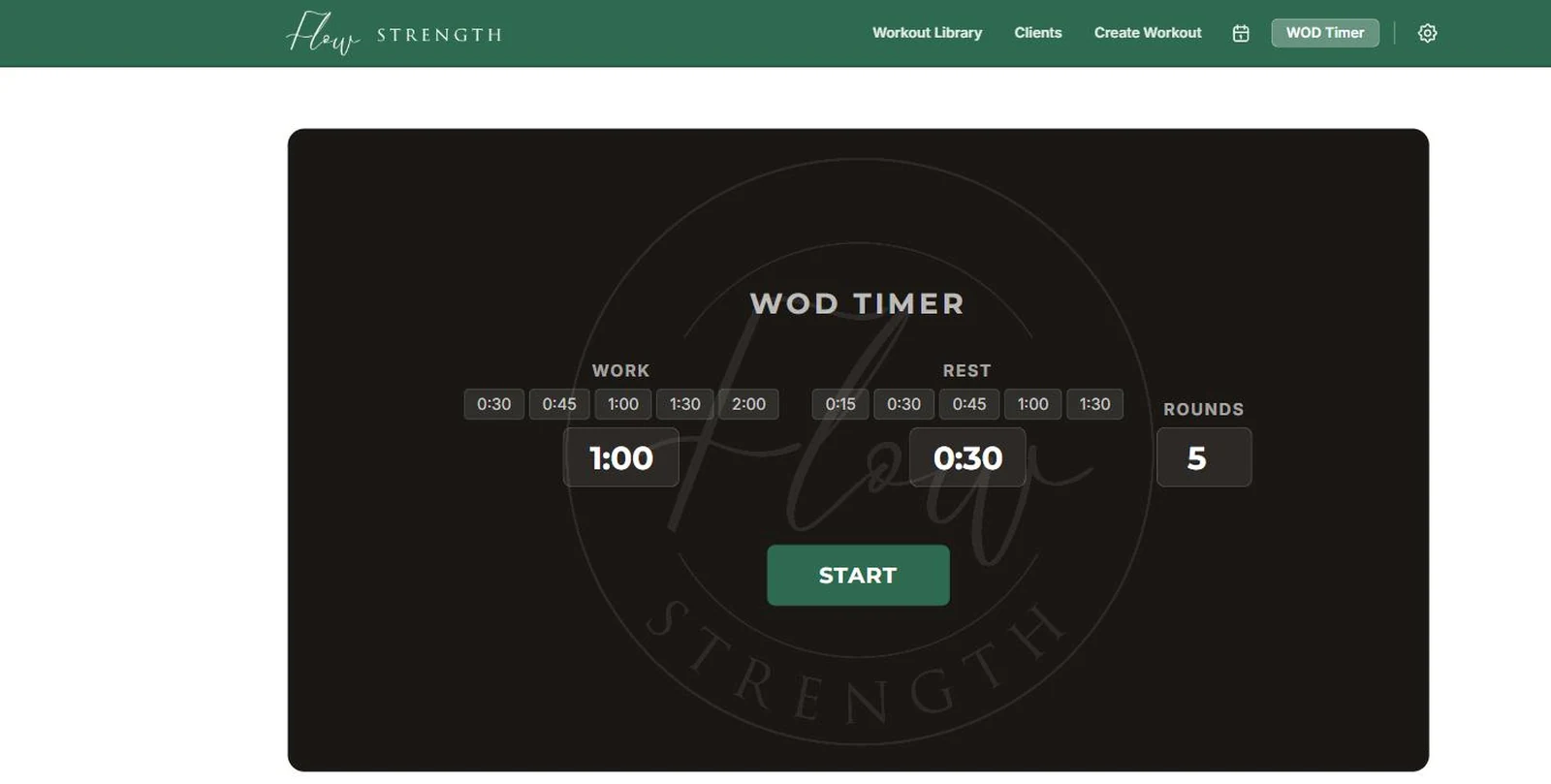 The timer: work and rest presets, a round count, and a start button big enough to hit mid-session.
